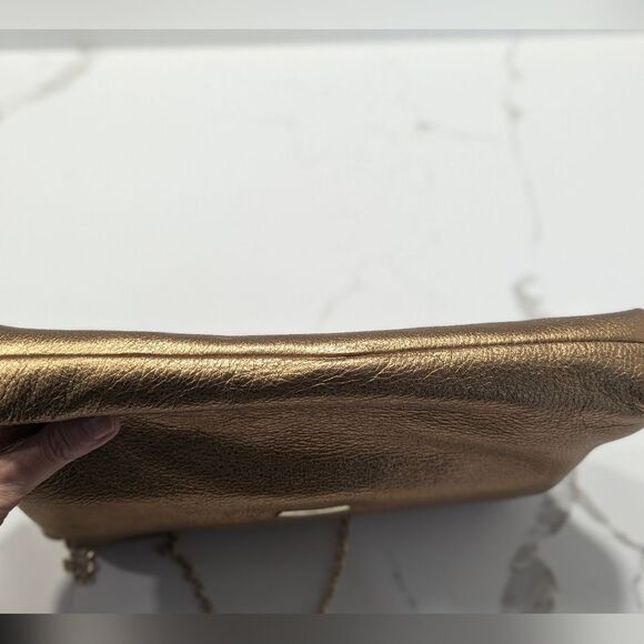 B Makowsky Gold buttery soft Leather Clutch Bag chain handle leopard lining New - Picture 11 of 13